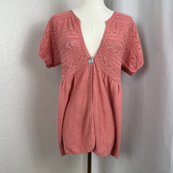 J. Jill Sweaters - J Jill Cardigan Womens Medium Pink Babydoll Open Crochet Linen Blend Cottagecore